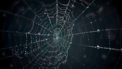abstract background of an intricate spider web with delicate, shimmering silver threads against a dark, misty backdrop