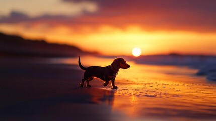 Sticker - A dog standing on the beach during sunset, capturing a serene moment by the ocean.