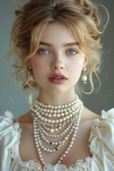 Wall Mural - An attractive young woman with blonde hair, wearing elegant pearl earrings and necklace, dressed in period attire. Generative AI.