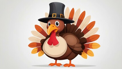 A cartoon turkey thanksgiving in a pilgrim hat on white background