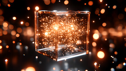 Wall Mural - a glowing cube surrounded by shimmering particles in a dark environment creates a visually stunning 