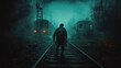 © Kanyanat - A dark, eerie zombie is walking on a train track in the dark