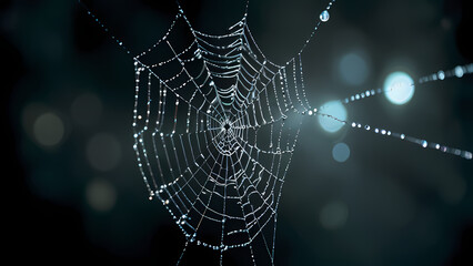 abstract background of an intricate spider web with delicate, shimmering silver threads against a dark, misty backdrop