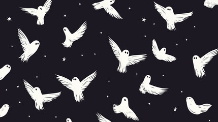 Naklejka na meble Black background with minimalistic pattern of flying white ghost birds. Halloween concept.