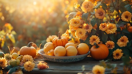 Wall Mural - Autumn Harvest  Pumpkins and Flowers in a Rustic Setting