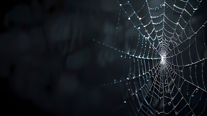 abstract background of an intricate spider web with delicate, shimmering silver threads against a dark, misty backdrop