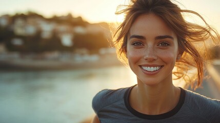 Poster - Smiling woman with windblown hair enjoying sunset by the river