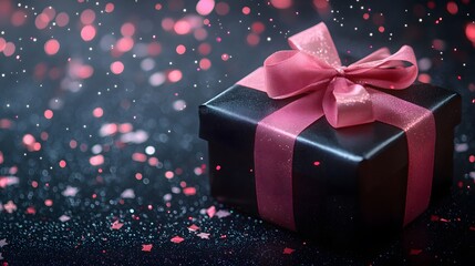 Sticker - Black Gift Box with Pink Bow on Glittering Background