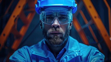 Aufkleber - Man worker wearing PPE Blue Helmet, Blue solid glow dark background. Generative AI.