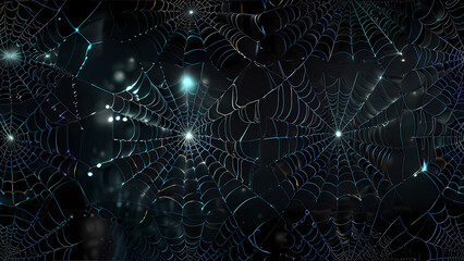 abstract background of an intricate spider web with delicate, shimmering silver threads against a dark, misty backdrop