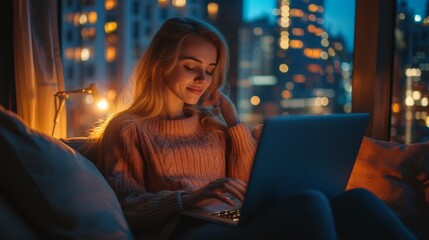 Sticker - Woman Using Laptop at Night