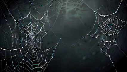abstract background of an intricate spider web with delicate, shimmering silver threads against a dark, misty backdrop