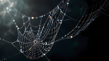 abstract background of an intricate spider web with delicate, shimmering silver threads against a dark, misty backdrop