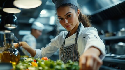 Wall Mural - Young Female Chef Preparing a Dish in Modern Kitchen