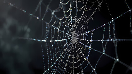 abstract background of an intricate spider web with delicate, shimmering silver threads against a dark, misty backdrop