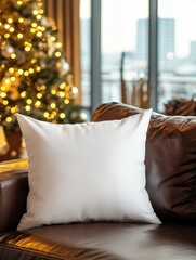 Wall Mural - Blank white pillow mockup on leather sofa with christmas tree and lights bokeh background. Holiday template composition with decoration. Copy space.