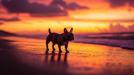 Sticker - A French Bulldog stands on a beach at sunset, reflecting vibrant colors in the wet sand.