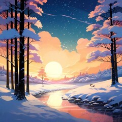 Beautiful colorful realistic landscape - winter forest