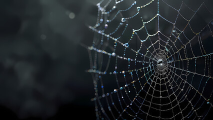 abstract background of an intricate spider web with delicate, shimmering silver threads against a dark, misty backdrop