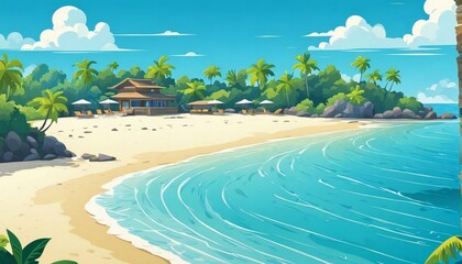 Seaside view with an umbrella, beach chair and a pair of flip-flops. Summer vacation concept background.