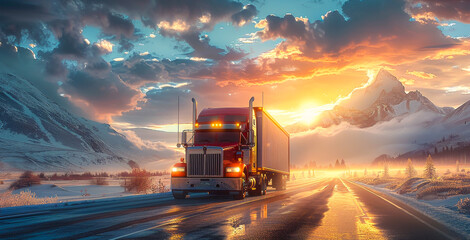 Sunset Cargo Delivery through Majestic Snow-Capped Mountain Landscape - Professional Truck Driver Transporting Goods on Scenic Winding Road Trip