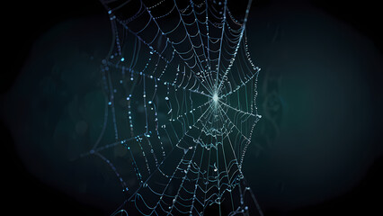 abstract background of an intricate spider web with delicate, shimmering silver threads against a dark, misty backdrop