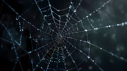 abstract background of an intricate spider web with delicate, shimmering silver threads against a dark, misty backdrop