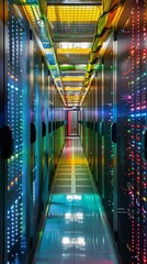 Wall Mural - Vibrant server room with illuminated cabinets in red, green, and blue lights. Futuristic, high-tech atmosphere with glossy reflection.