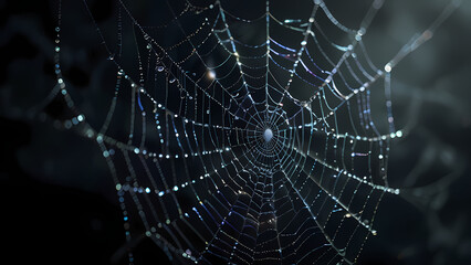 abstract background of an intricate spider web with delicate, shimmering silver threads against a dark, misty backdrop