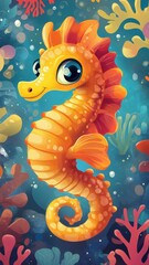 A seahorse in cartoon art style, with exaggerated features and bright, playful colors for a whimsical and fun representation.