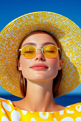 Wall Mural - A woman with yellow sunglasses and matching hat basks in the sunlight, her face relaxed and glowing. A serene summer portrait with warm yellow hues.