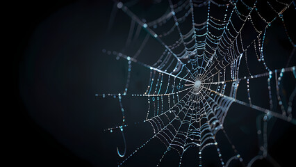 abstract background of an intricate spider web with delicate, shimmering silver threads against a dark, misty backdrop