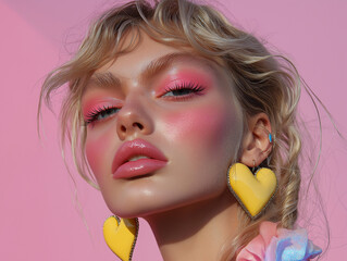 A fashion model with pink makeup and yellow heart earrings, set against a pastel pink backdrop. A playful and vibrant editorial shot.