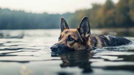 Wall Mural - A German Shepherd swims in a serene lake surrounded by trees.