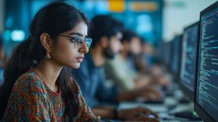 Canvas Print - Young Female Programmer Focusing on Coding in a Busy Office