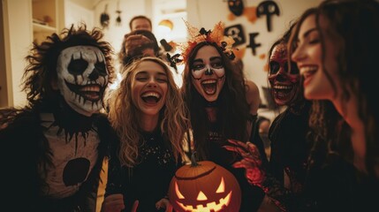 A multicultural group of friends dressed in horror-themed costumes laugh and pose for photos in a stylishly decorated living room with Halloween props