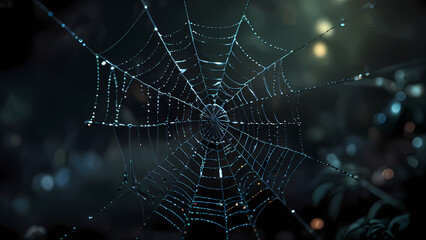 abstract background of an intricate spider web with delicate, shimmering silver threads against a dark, misty backdrop
