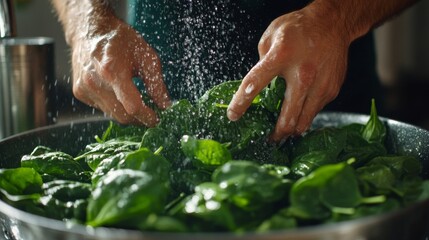 Canvas Print - Fresh Spinach Being Washed in Kitchen