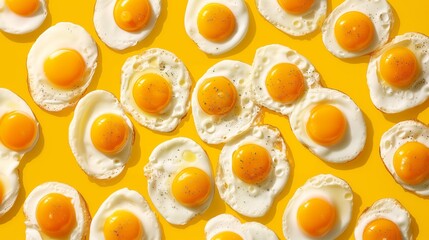 Wall Mural - Fried eggs on yellow background. Background of fried eggs. Breakfast food background. Vector illustration.