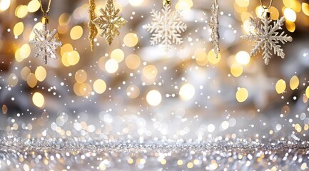 Golden snowflake ornaments hanging against a dreamy Christmas background, adorned with soft bokeh lights creating a warm, festive atmosphere. The blurred backdrop enhances the sparkle and magic scene