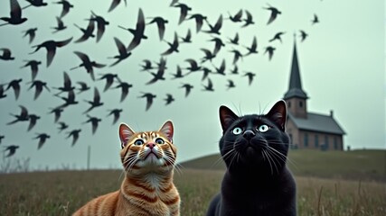 Poster - Black and red cats look attentively at a flock of birds flying in the sky