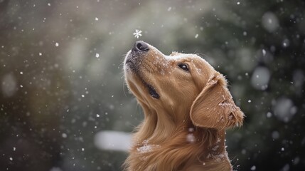 Poster - A golden retriever gazes up at falling snowflakes in a serene winter scene.