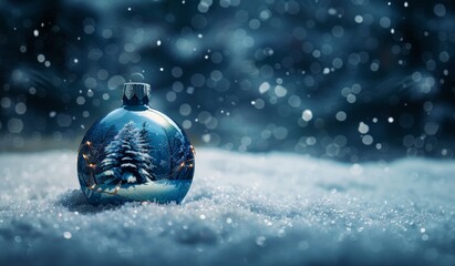 A beautifully decorated Christmas tree is enclosed in a glass bauble, nestled in the snow. The background, filled with bokeh lights, creates a dreamy, festive atmosphere, evoking holiday warmth cheer