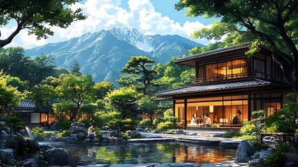 Wall Mural - Tranquil Japanese Garden with Traditional House and Mountain View.