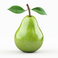 Green pear with leaf, isolated on white background, ripe and juicy, healthy and sweet fruit