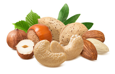 Poster - Hazelnut, almond in nutshell, blanched almonds and cashew nuts isolated on white background.