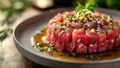 Wall Mural - Closeup of Delicious Tuna Tartare with Herbs and Dressing