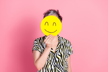 Canvas Print - Photo of nice aged woman smiley emoji cover face wear zebra print shirt isolated on pink color background