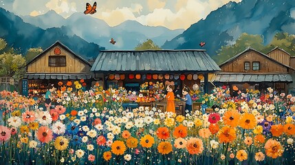 Canvas Print - Watercolor Illustration of a Flower Shop in a Mountain Village.