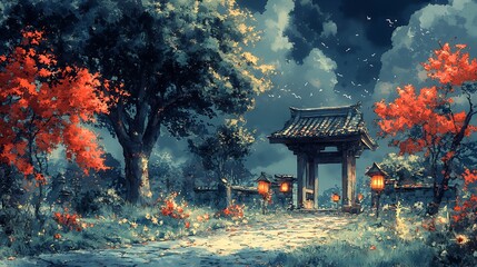 Canvas Print - A Pathway Leading to a Traditional Chinese Gate in a Lush Garden.